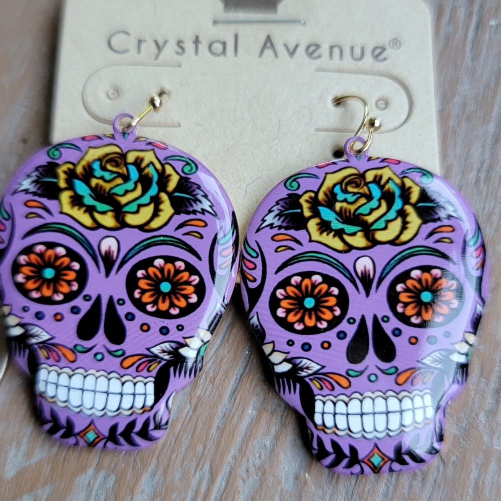💀🌸 Sugar Skull 🥀💠 Dia De Lo Muertos Day of the Dead purple metal earrings